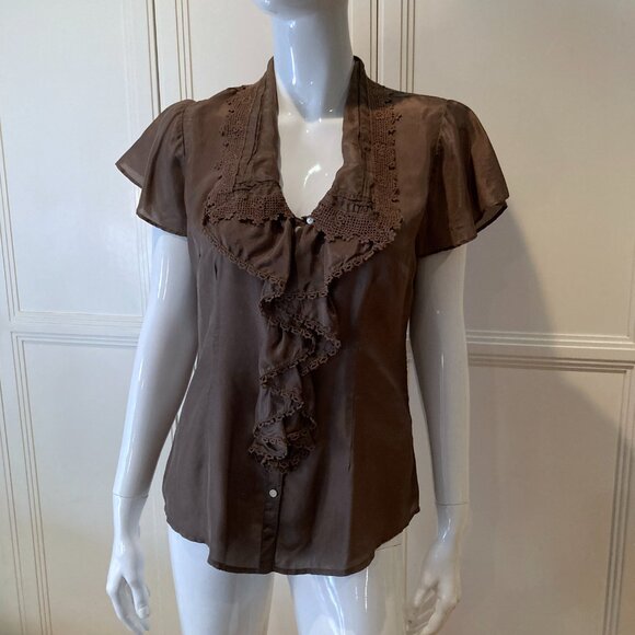 Lucky brand button front lace trim silk blouse Sz M square collar flutter sleeve - Picture 5 of 14